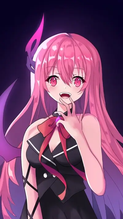 Pink-haired girl in a dark dress, fangs, and devilish horns