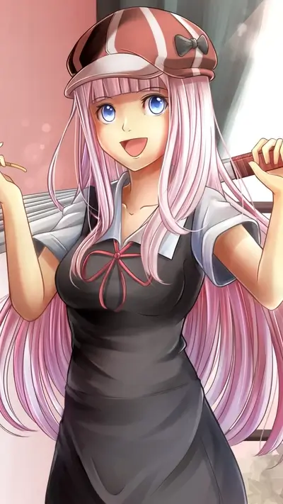 Pink-haired girl in a hat holding a bat