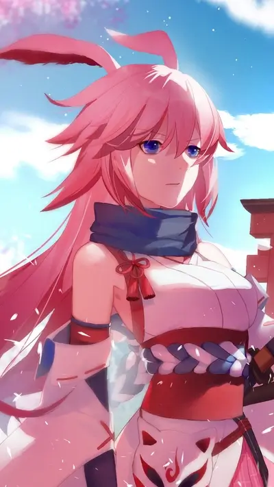 Pink-haired girl in a kimono-like outfit