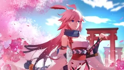 Pink-haired girl in a kimono stands before a torii gate