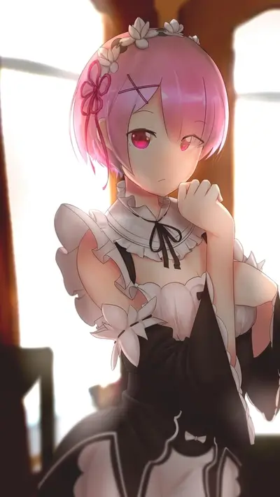 Pink-haired girl in a maid outfit, near a window