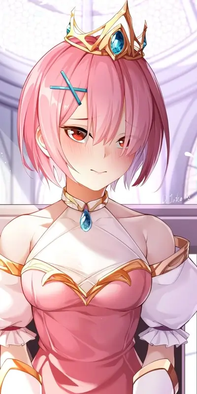 Pink-haired girl in a pink dress and crown