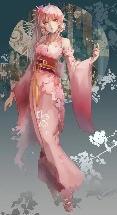 Pink-haired girl in a pink kimono