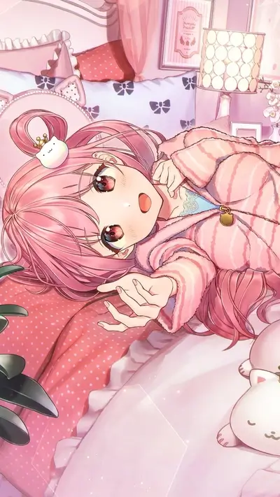 Pink-haired girl in a pink room