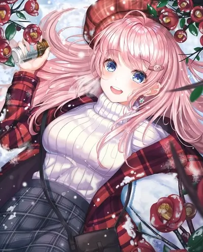 Pink-haired girl in a red plaid coat enjoying a drink in the snow