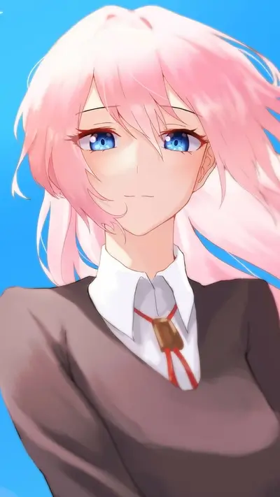 Pink-haired girl in a school uniform, blue eyes