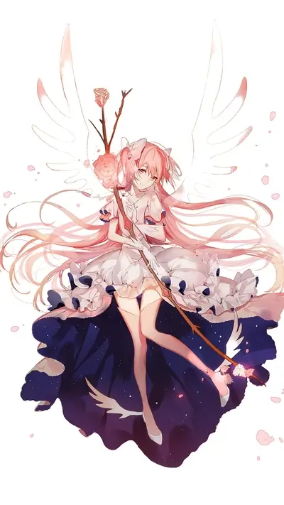 Pink-haired girl in a white and blue dress