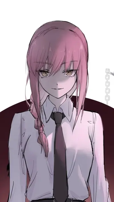 Pink-haired girl in a white shirt and black tie