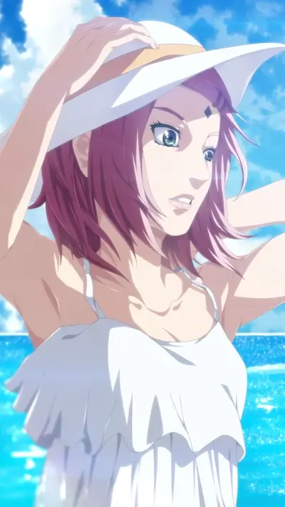 Pink-haired girl in a white sundress at the beach