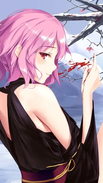 Pink-haired girl in black dress, injured hand, snowy background