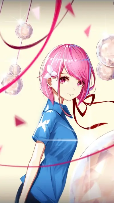 Pink-haired girl in blue shirt, surrounded by crystals and ribbons