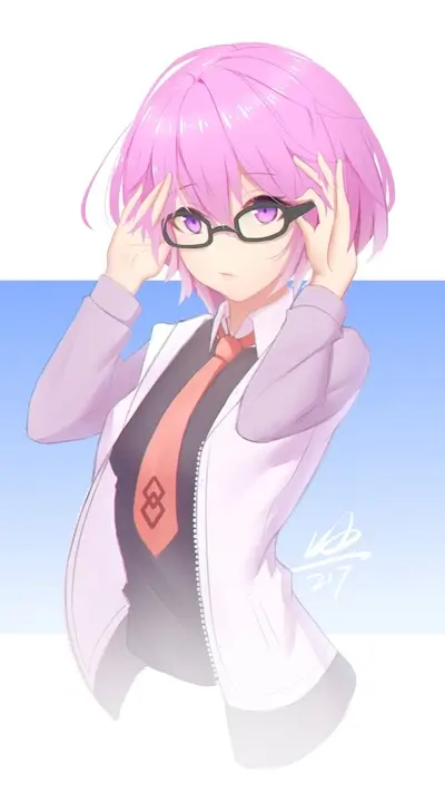 Pink-haired girl in glasses and white jacket