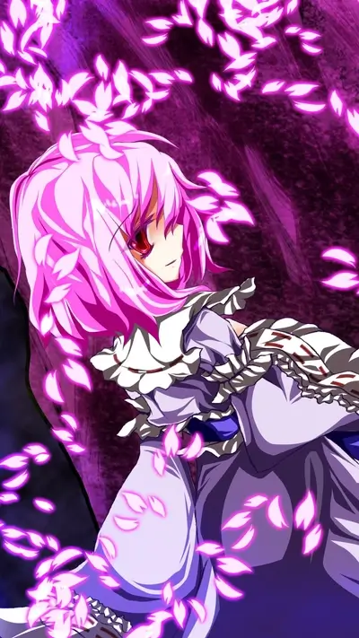 Pink-haired girl in purple dress, surrounded by pink petals