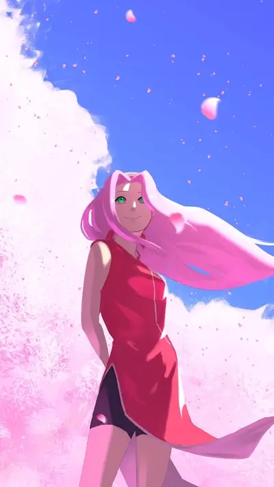 Pink-haired girl in red dress, cherry blossoms falling