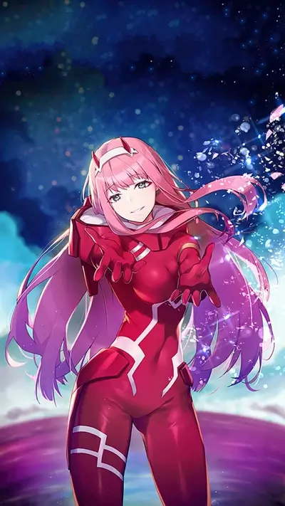 Pink-haired girl in red suit, magical particles