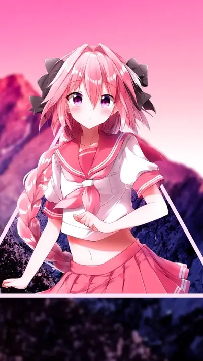 Pink-haired girl in sailor uniform, mountains background