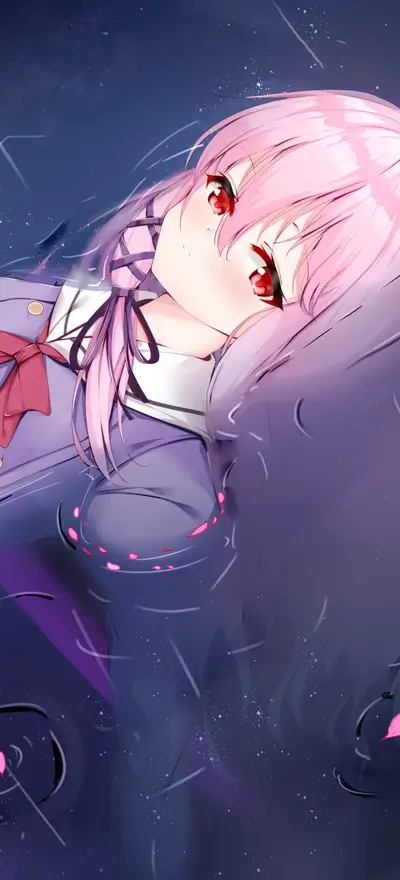Pink-haired girl in uniform, sadly submerged in dark water