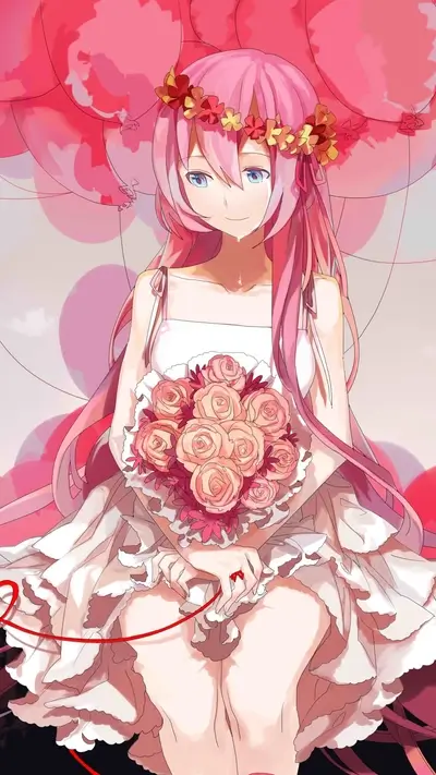 Pink-haired girl in white dress holding roses