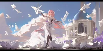 Pink-haired girl in white dress surrounded by doves