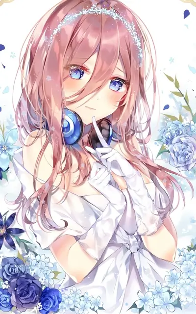 Pink-haired girl in white dress with blue headphones