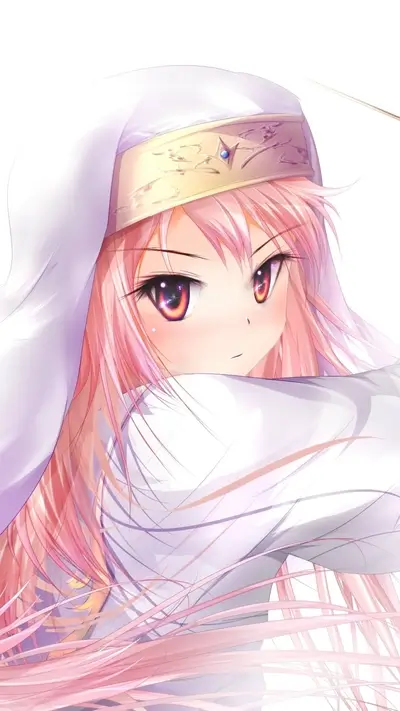 Pink-haired girl in white hooded robe