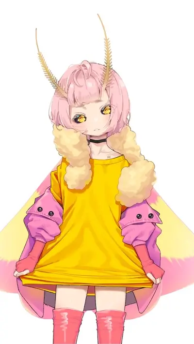 Pink-haired girl in yellow outfit with moth wings