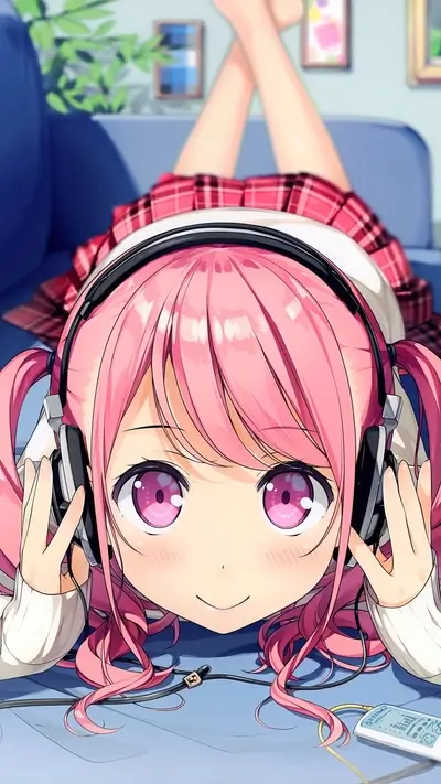 Pink-haired girl listening to music on headphones