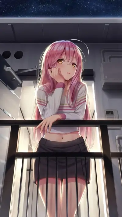Pink-haired girl on a balcony at night