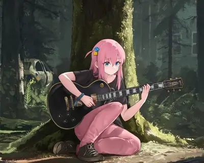 Pink-haired girl playing guitar in a forest