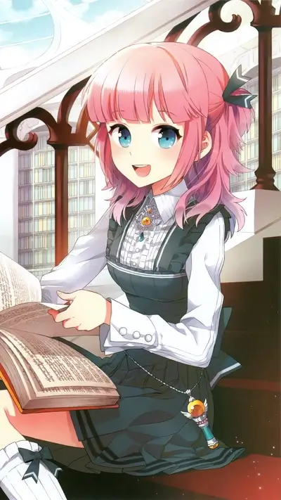 Pink-haired girl reading a book in a library