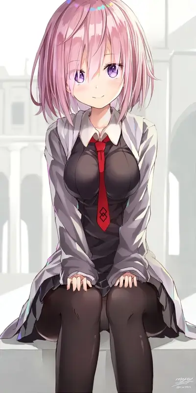 Pink-haired girl sitting on a ledge
