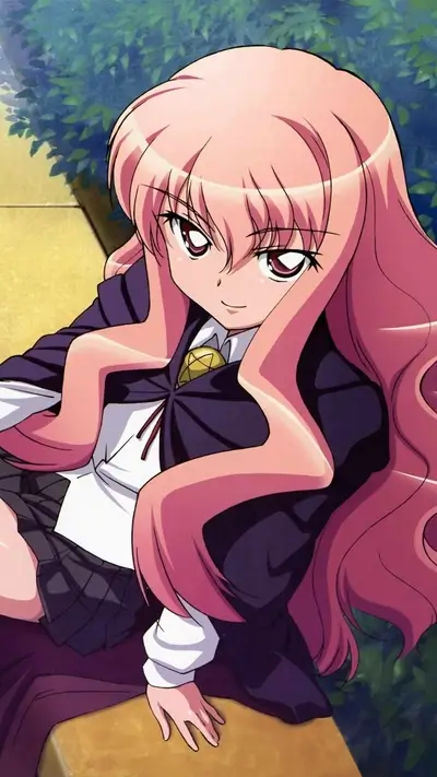 Pink-haired girl sitting on a stone step