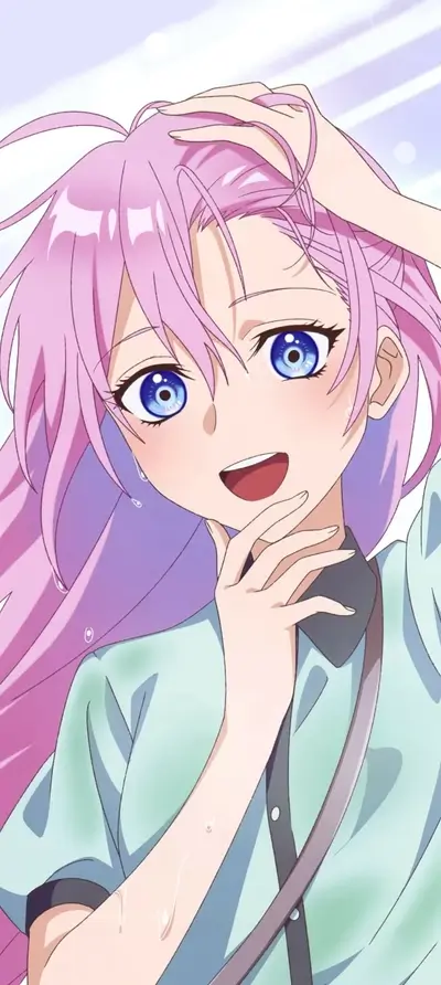 Pink haired girl smiles brightly, head tilted, water droplets, hand under chin