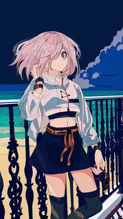Pink-haired girl standing on a balcony at night