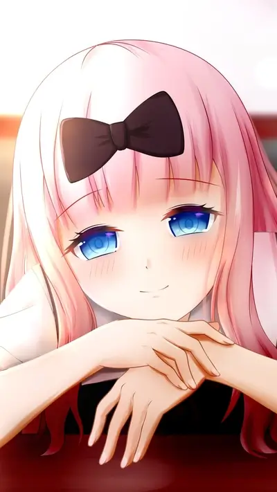 Pink-haired girl with a bow, resting her chin on her hands