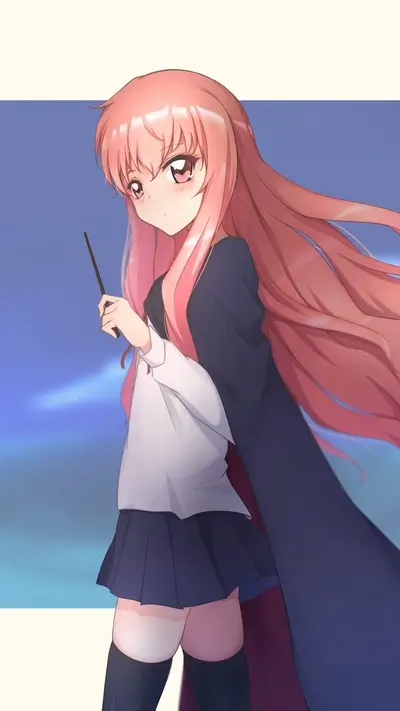 Pink-haired girl with a wand, in a dark robe