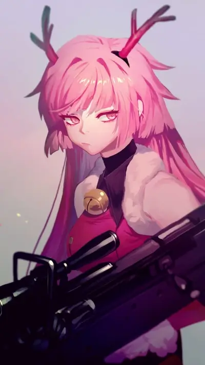 Pink-haired girl with deer antlers holding a large gun