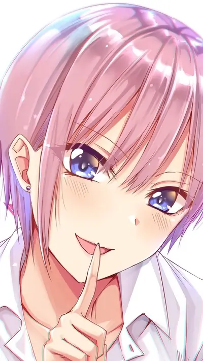 Pink-haired girl with finger on lips
