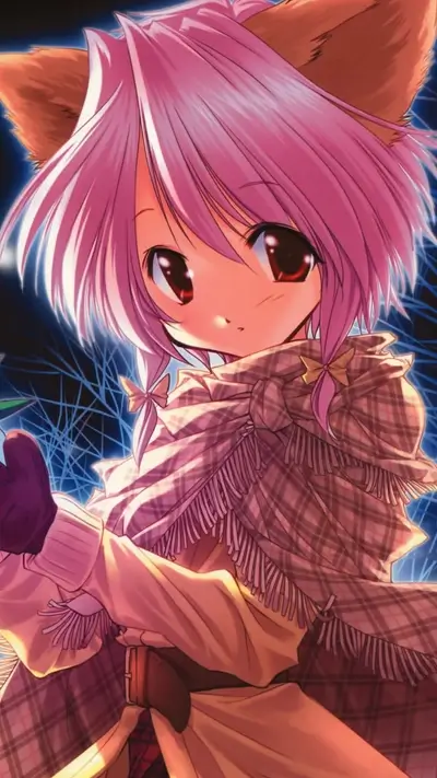 Pink-haired girl with fox ears wearing a plaid scarf
