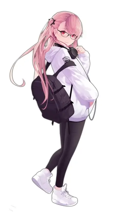Pink haired girl with glasses, hoodie, backpack and headphones