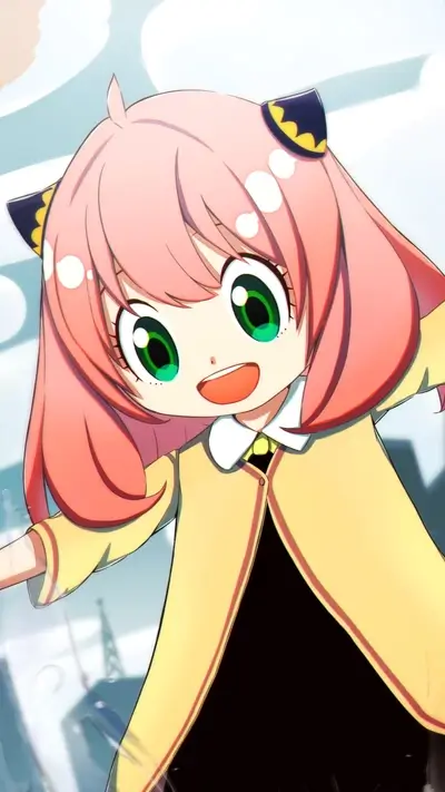 Pink haired girl with green eyes and black hair decorations