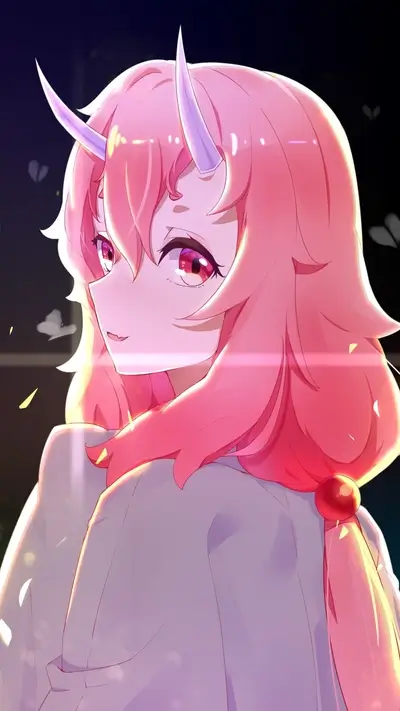 Pink-haired girl with horns, glowing, in a coat
