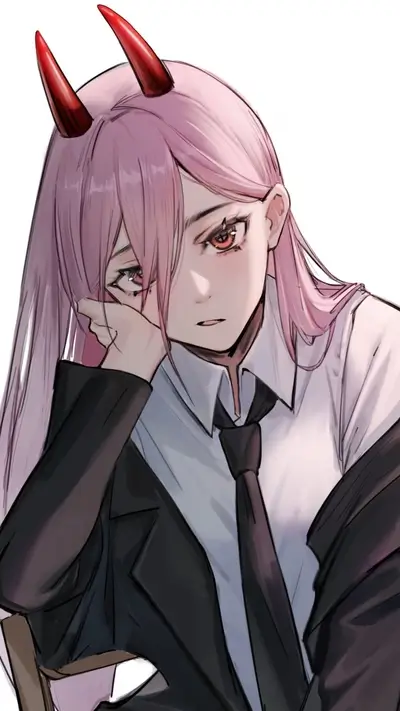 Pink-haired girl with horns wearing a suit