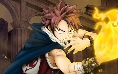 Pink haired male character summoning bright yellow fire magic