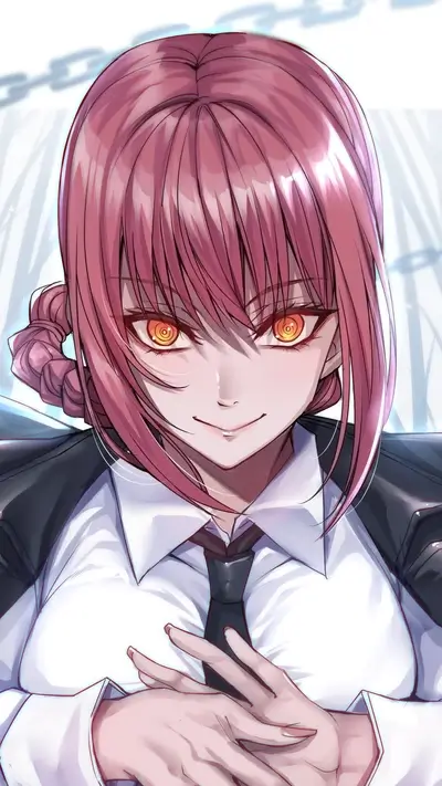 Pink-haired woman in a business suit, intense gaze
