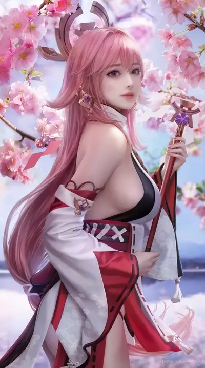 Pink-haired woman in a red and white kimono