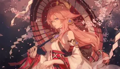 Pink haired woman under a red paper umbrella in pink light