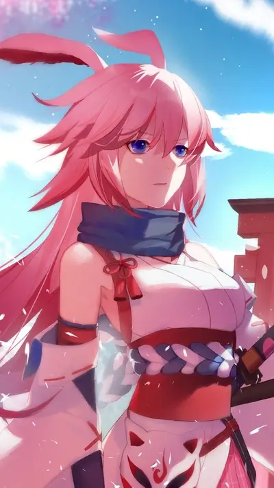 Pink-haired woman with rabbit ears, blue eyes, and traditional clothing.