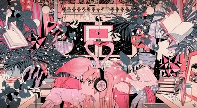 Pink room filled with plants, books, and a girl wearing headphones