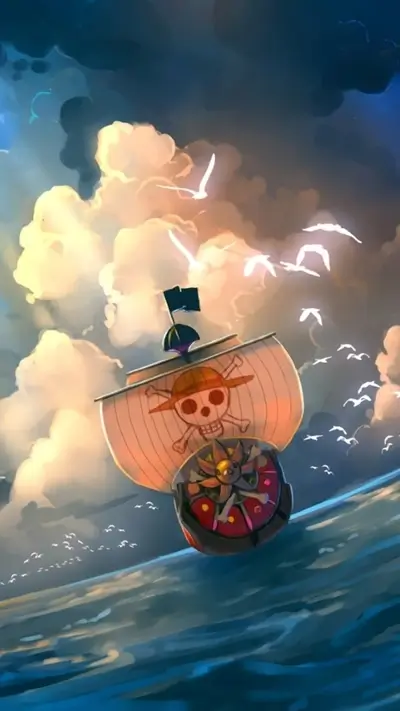 Pirate ship sailing amid fluffy clouds and flock of birds, serene illustration